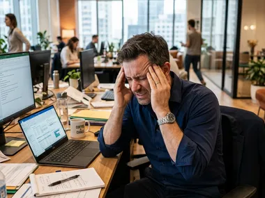 Frustrated professional looking at laptop